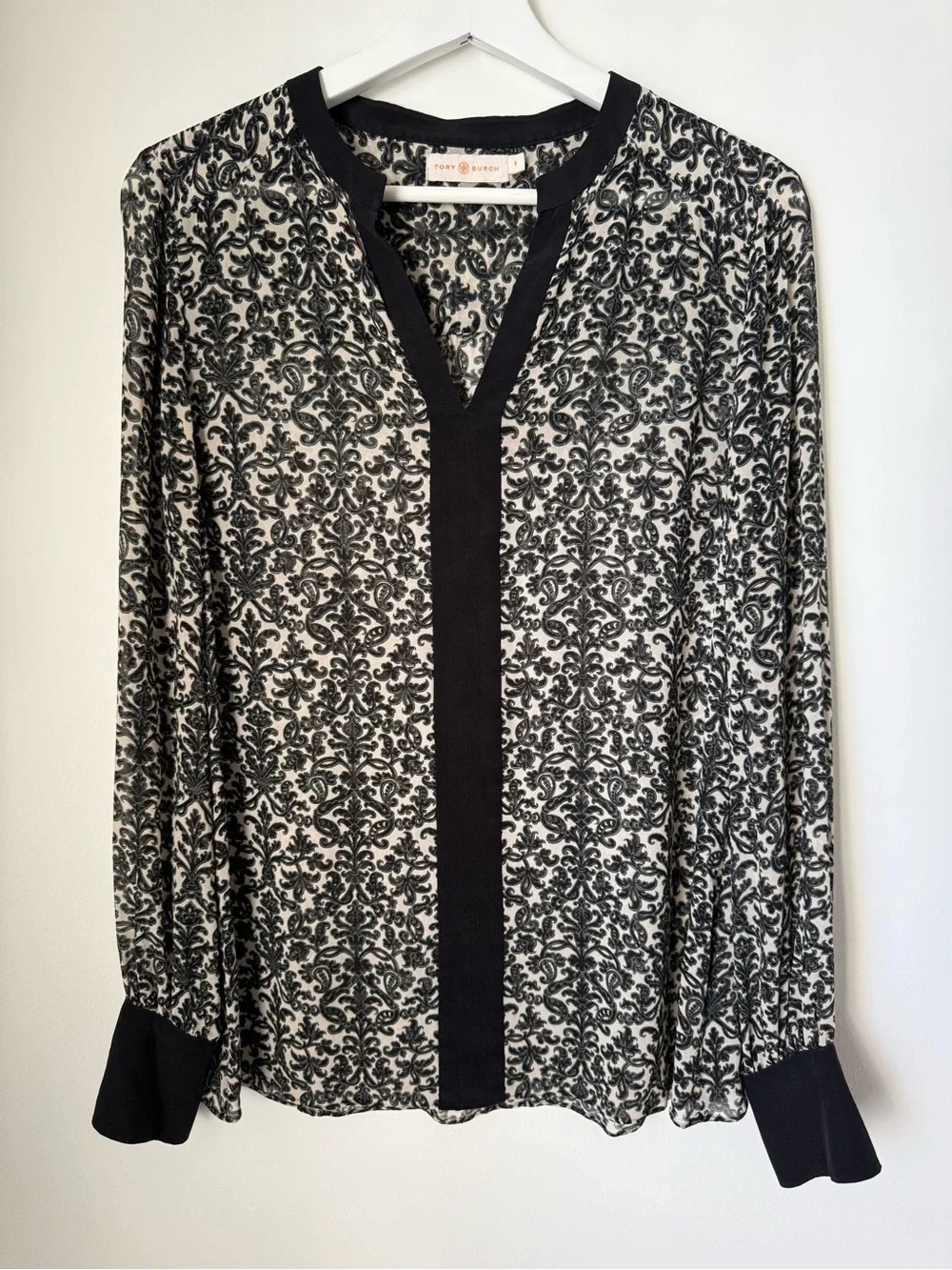 Tory Burch Melissa Paisley Tunic Blouse Black Cream 8